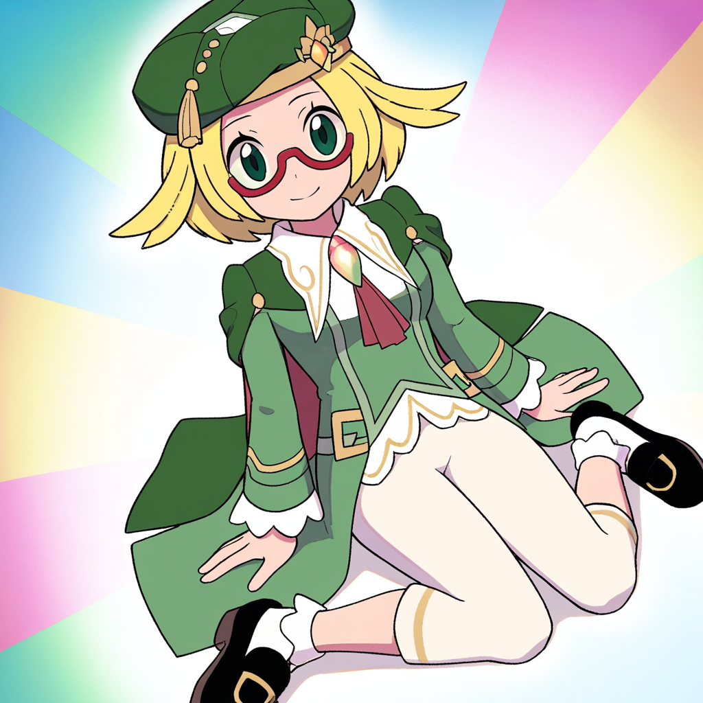 2d, masterpiece, best quality, amazing quality, highres, absurdres, newest, 1girl, solo, sitting, yokozuwari, from above, dutch angle, looking at viewer, multicolored background, simple background, colorful background, medium breasts, ncbianca, def colors, short hair, blonde hair, green_eyes, shoes, glasses, bobby socks, white socks, white pants, black footwear, green coat, red ascot, green_headwear, beret, semi-rimless_eyewear, red-framed eyewear, green cape, two-sided coat, collared shirt, white shirt, red gemstone, green gemstone, long sleeves
