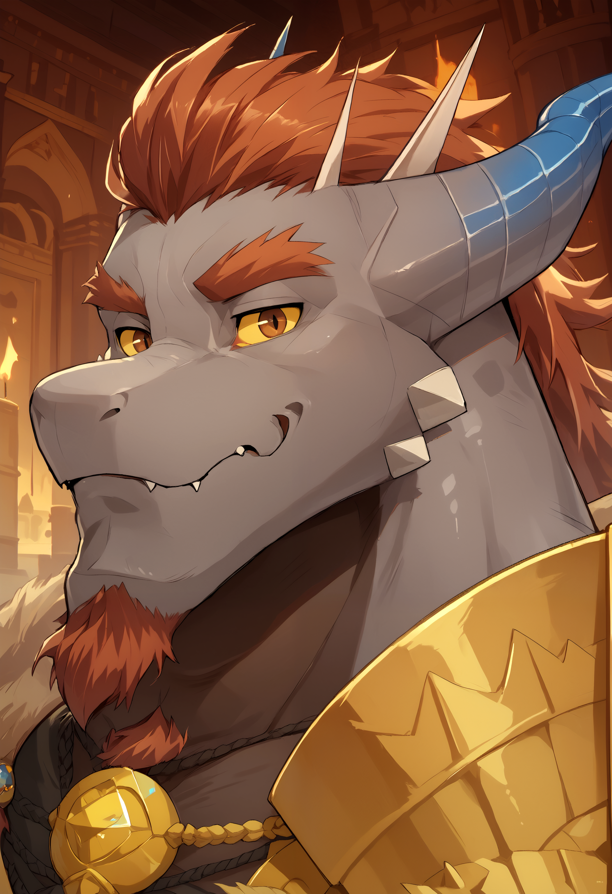 score_9, score_8_up, score_7_up, 1boy, solo, <lora:BarborosAnother_Eidos-000002>, barboros, dragon, dragon boy, grey skin, orange hair, goatee, furry male, yellow sclera, brown eyes, closed mouth,  castle,