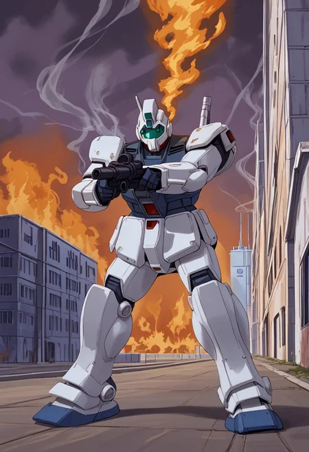 score_9, score_8_up, score_7_up, source_anime, cowboy shot, front view, BREAK, ( gm_cold_districts_type, blue gm, attack stance, rifle, standing, 2 mechs, blue mech, mech focus, solo, BREAK, buildings, pylons, smoke fire in background,
