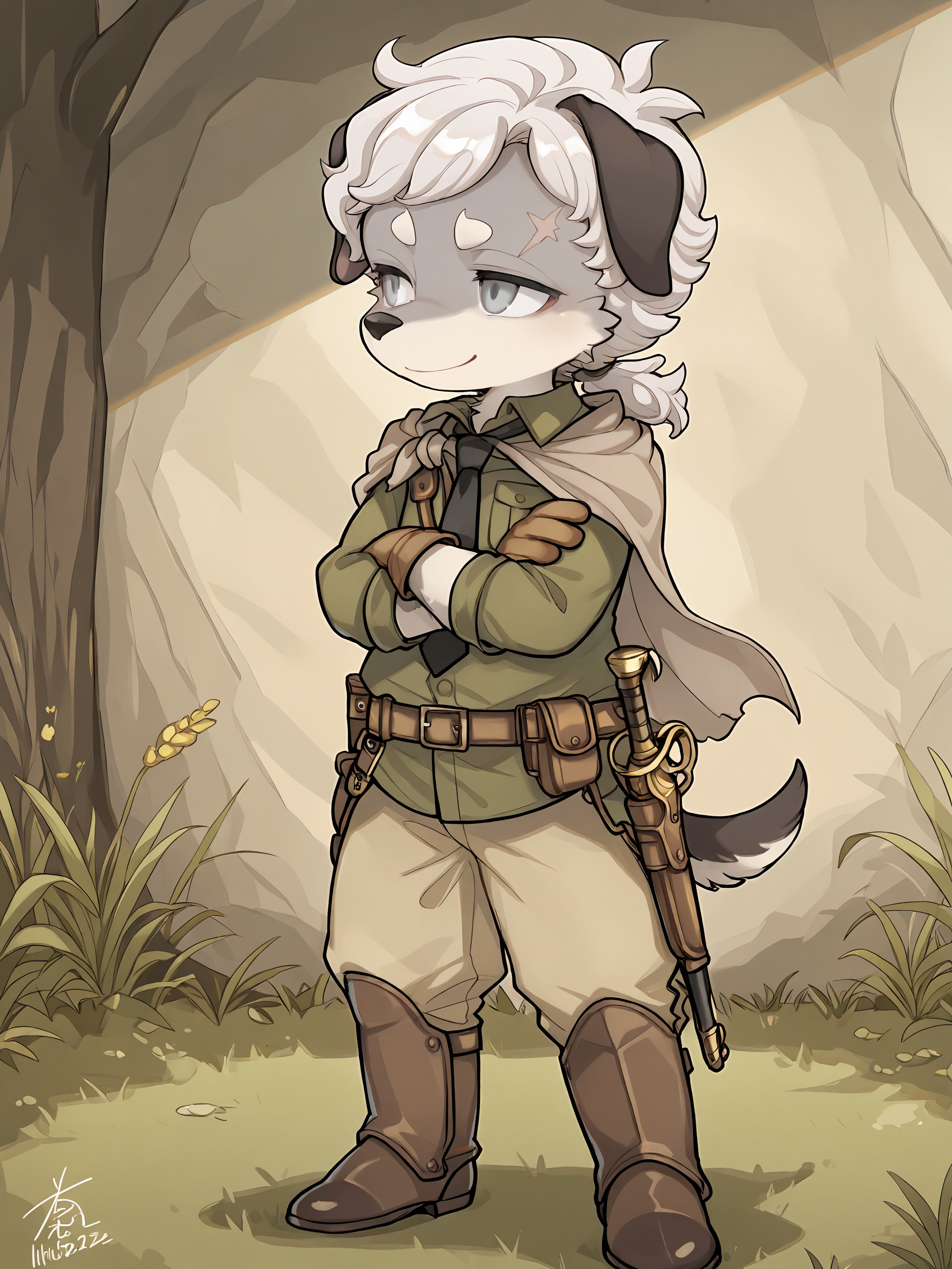 BREAK, <lora:Britz_Strudel:1>, britz strudel, fuga: melodies of steel, kemono, furry male, young male, 1boy, dog boy, grey fur, beige fur, multicolored fur, grey eyes, short hair, white hair, scar above right eye, animal ears, dog ears, floppy ears, dog tail, brown tail, Fuga 2 appearance, wavy hair, soft curls, ponytail
BREAK, Fuga 2 Outift, brown shoes, brown leg guards, khaki pants, olive green button-up shirt, rugged cape, beige cape, black necktie, brown gloves, utility belt, pouches, gun holster, sword,
BREAK, (solo), outside, grass, standing, one angled knee, closed mouth, arms crossed, confident, smile, looking away, narrowed eyes,