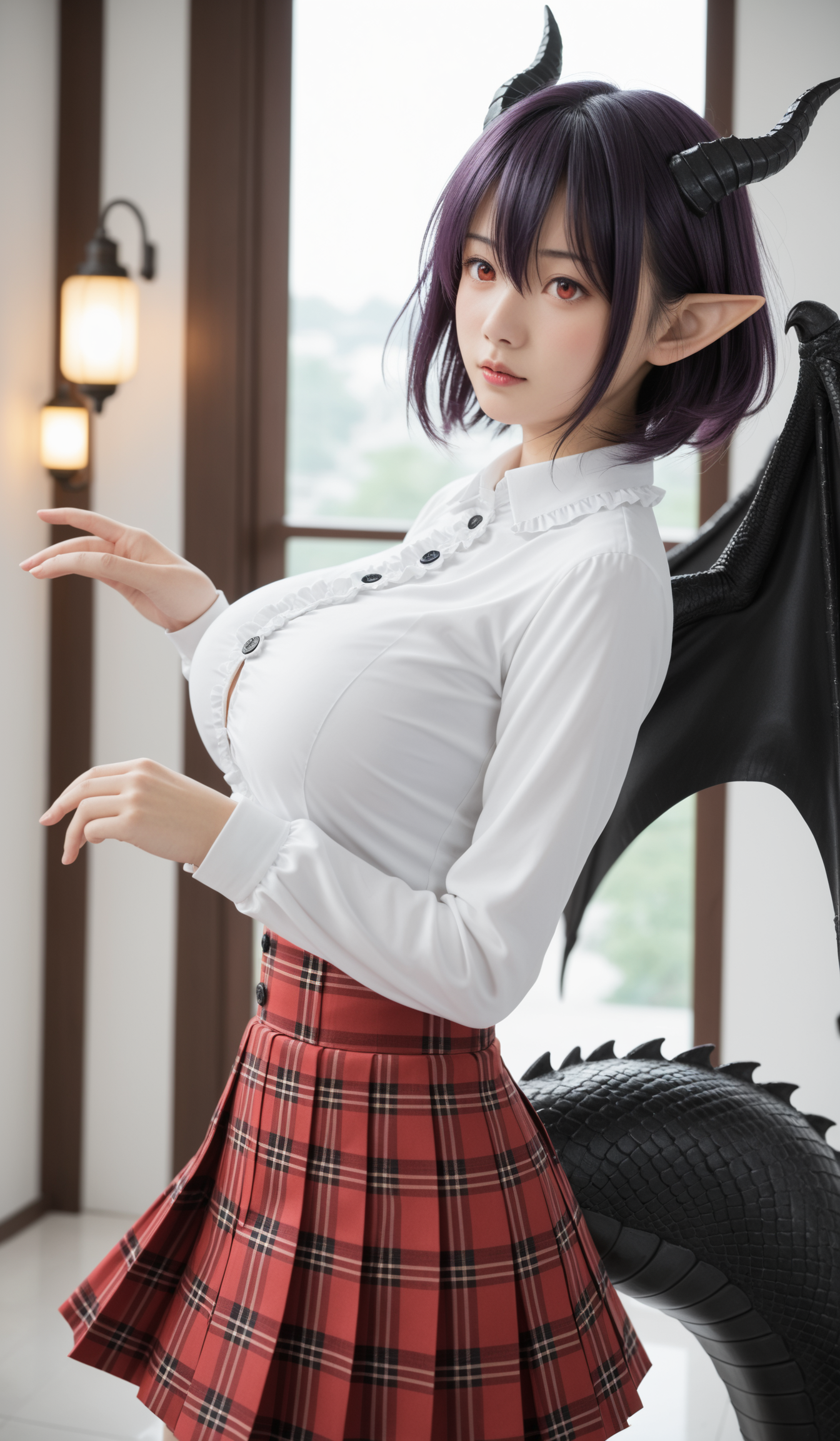 score_9,score_8_up,score_7_up,source_realistic,rating_explicit,underwear,panty,presenting,delicate and whimsical ambiance,kitchen},(from side|from front|from back),film aesthetic,,messy long hair with bangs, asian,
(Grea(snb),Grea uniform,dragon girl,dragon horns,short hair,purple hair,pointy ears,floating hair,hair between eyes,bangs,red eyes,white shirt,frilled shirt,center frills,long sleeves,large breasts,dragon wings,shirt tucked in,buttons,red skirt,high-waist skirt,pleated skirt,plaid skirt,dragon tail,zettai ryouiki,black thighhighs,loafers,brown footwear,),
(dynamic angle,dynamic pose),shine,glowing,energy coalescing and vibrating,Close-up photo,standing,Elegant,(directly|slime),dazzler, 
wearing Red dress, Gold clutch,(((miniskirt))),charming,alluring,seductive,erotic,enchanting,cleavage,exposed,
(virtual reality fabric),(flamboyant loupe clean pearl, marquise cut, checkerboard cut facets, 10.00 carat, fascinating,    glittered, mixed metals, rock-hard, toughness, surface treatment, traditional setting, antique, exquisite, glamorous, modern, love and romance),(mythical landscapes, underground stream,snorkel,blue sky),(power plants, metal cladding, Solar-Powered Lights,In-Ground Well Lights, wall washing),
(Around floating colorful wind:1.4)the most beautiful form of chaos,