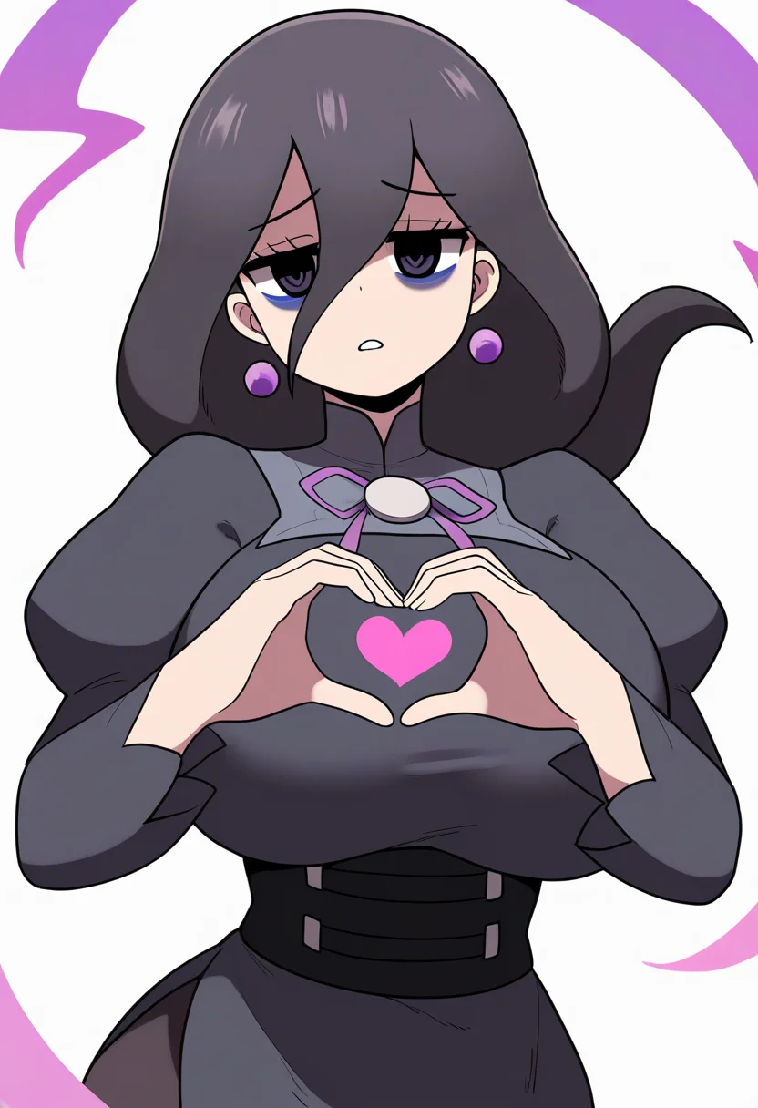 masterpiece, best quality, very aesthetic, absurdres,
1girl, hexza, black eyes, black hair, long hair, hair between eyes, purple eyes, bags under eyes,
ribbon, black dress, earrings, large breasts,  long sleeves,
heart hands,
looking at viewer, solo, (simple background, white background:1.3),    <lora:HexManiacZANoobXL_byKonan:1>