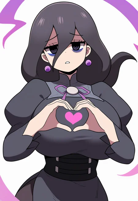 masterpiece, best quality, very aesthetic, absurdres,
1girl, hexza, black eyes, black hair, long hair, hair between eyes, purple eyes, bags under eyes,
ribbon, black dress, earrings, large breasts, long sleeves,
heart hands,
looking at viewer, solo, (simple background, white background:1.3), <lora:HexManiacZANoobXL_byKonan:1>