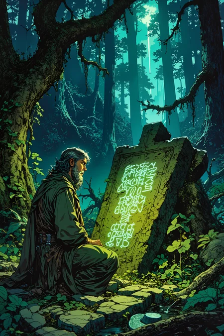 In the heart of an endless jungle, overgrown with bioluminescent vines, an elven scholar in a tattered cloak kneels before an ancient, moss-covered stone tablet. Strange, shifting glyphs carved into the stone pulse with a soft, green light, illuminating the scholarâs dirt-streaked face. Towering trees with glowing, sapphire leaves stretch high above, their twisting branches forming a labyrinthine canopy that blocks out the sky. The air is thick with the scent of damp earth and the distant cries of unseen creatures, their voices echoing through the tangled undergrowth. The scholarâs trembling fingers trace the carvings, feeling the faint warmth radiating from the stone, as if it still remembers the hands that chiseled its message eons ago. A cluster of glowing mushrooms nearby emits a faint, melodic hum, vibrating in perfect sync with the pulsing glyphs. As the scholar leans closer, the light intensifies, casting long shadows across the clearing, as though the jungle itself is holding its breath. The symbols shift and rearrange, forming words in a language the scholar should not understandâbut somehow, deep in their bones, they do. A gust of wind rustles the leaves, carrying the scent of something ancient waking beneath the roots. , detailed background Fantastic lighting. Detailed shadows.intricate details, vivid colors, hyper-detailed, ultra-sharp, , , <lora:RetroAnimeFluxV1:0.4> <lora:Vintage comic book:0.7> <lora:MoriiMee_Gothic_Niji_Style_FLUX:1.0>