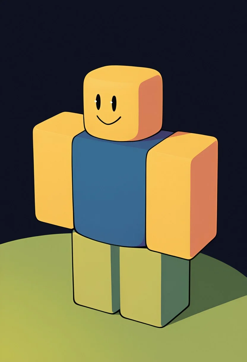 noob, solo, smile, colored skin, yellow skin, 1boy, yellow block arms, green block legs, round head, , closed mouth, blue shirt, green pants, solid oval eyes, sleeveless,