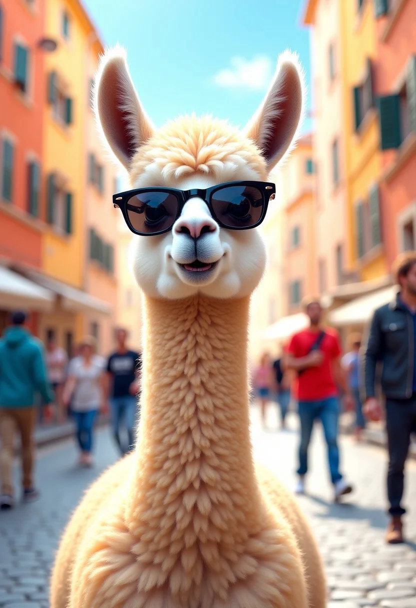 A illustration of a quirky baby alpaca with sunglasses on a busy street in Rome, funny theme, odd