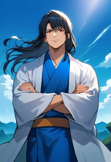 (portrait) (waist up) (masterpiece), best quality, expressive eyes, perfect face, source_anime full color, score_9, score_8_up, score_7_up, perfect anatomy, beautiful lighting, Expressiveh, 1boy, male, KatsuraKotaroXLP, brown eyes, expressive eyes, japanese clothes, blue kimono, white coat, standing, arms crossed, looking at viewer, serious, smile, handsome, femboy, black long hair, outside, cliff edge, facing viewer, cliffside, strong wind, crashing waves below cliff, golden hour, majestic clouds,