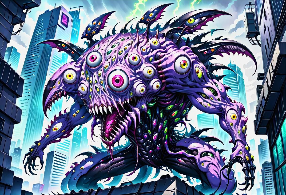 a fleshmutant creature comprised of numerous eyes and mouths climbs a skyscraper in a cyberpunk city