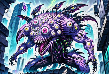a fleshmutant creature comprised of numerous eyes and mouths climbs a skyscraper in a cyberpunk city