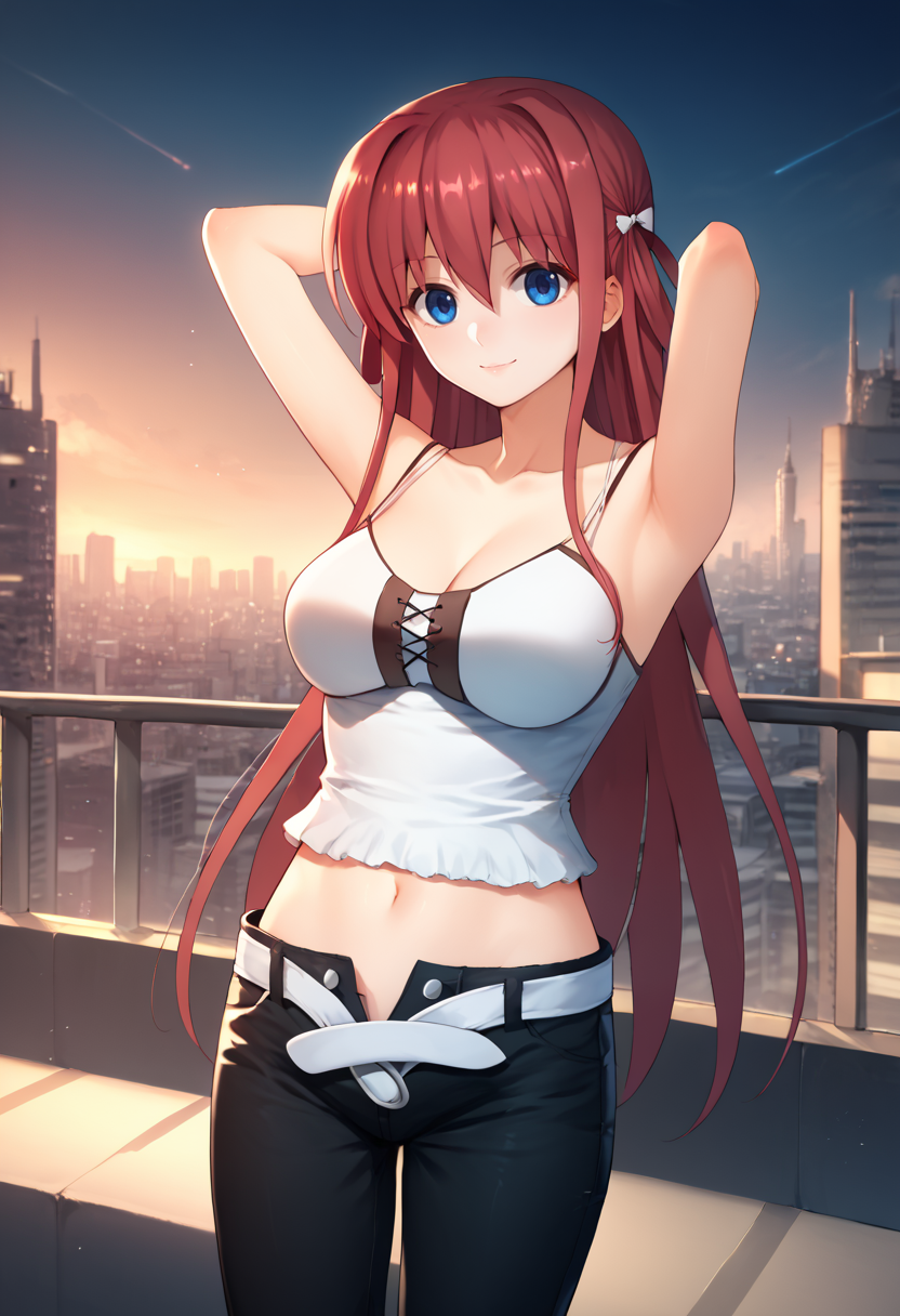 score_9, score_7_up, 1girl, suou amane, two side up, long hair, red hair, blue eyes, large breasts,  white camisole, black pants, white belt, open belt, midriff, open fly,  solo, arms behind head, city, light smile,     <lora:Suou Amane 3-000009:1>