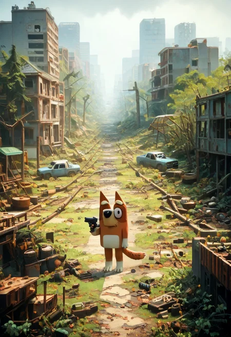 score_9, score_8_up, score_7_up, score_6_up source_anime, ruanyi0723,post-apocalypse,overgrown,moss, postapocalypse, SZ_4po enviroment, ((1girls, bluey style, blueyxl, boxchibi, bluey heeler, cartoon, dog girl, furry, white sclera, black eyes, thick eyebrows, dog tail, dog ears, black nose, wearing survival gear, wearing a survival backpack, holding a pistol, pistol in hand, walking on two legs, wandering on the road)), ((cautious, scared expression)), watching out for monsters, BREAK, realistic background, 2d character, outdoor, post-apocalypse, destroyed buildings, overcast, cloudy, realistic, overgrown post apocalyptic street, broken cars, dilapidated houses, houses covered in moss, road is damaged, A decayed ruined abandoned city full of decrepit concrete structures hollowed out by the ravages of time slowly being enveloped and overgrown by verdant foilage with grass, vines and trees cracking the remains of pavement and growing through gaps in the masonry, post apocalyptic, side view, depth of field,