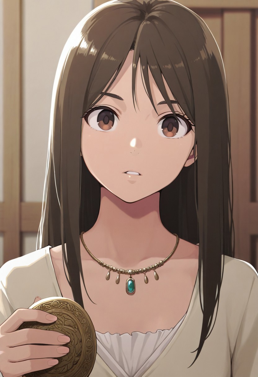 masterpiece,best quality,amazing quality, amiris, brown eyes, brown hair, long hair, 1girl, solo, jewelry, necklace, holding, looking at viewer
