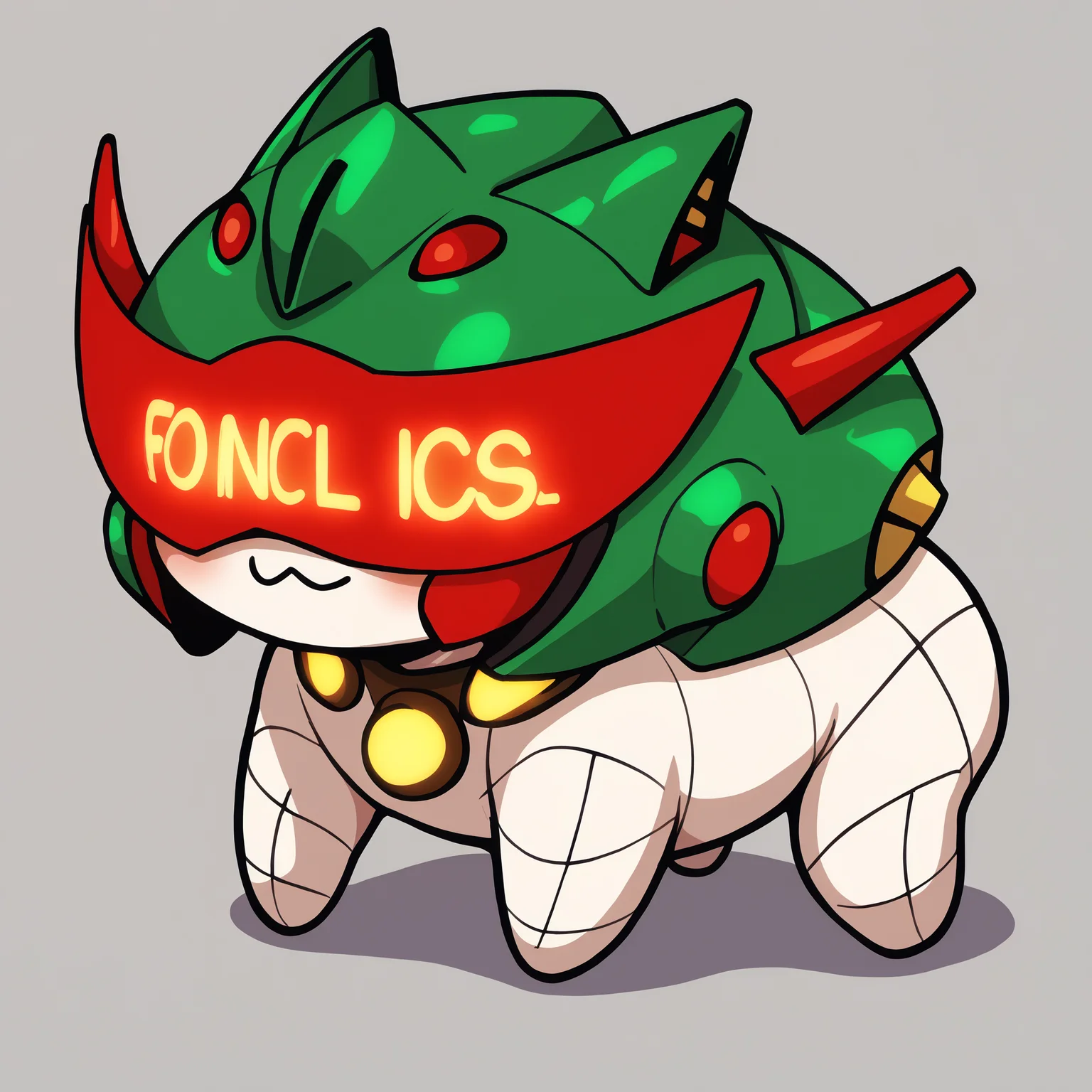score_7, green helmet, red visor, glowing text, <lora:Degen_Mari_Green_v1-000009:.95> <lora:Doro_X_PDXL_V1:0.8> creature, no humans, white skin, four legs,