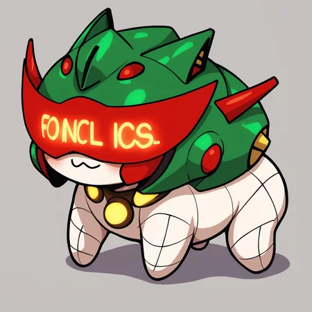 score_7,  green helmet, red visor, glowing text,  <lora:Degen_Mari_Green_v1-000009:.95> <lora:Doro_X_PDXL_V1:0.8> creature, no humans, white skin, four legs,