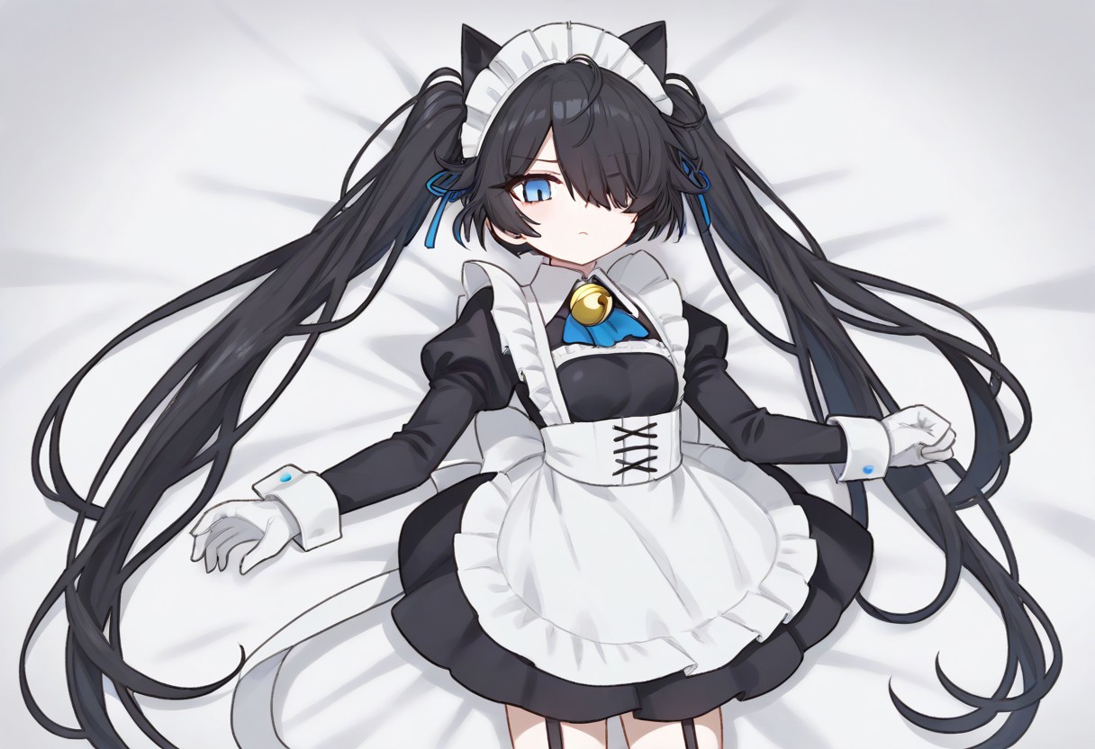 (Maid-kasli), solo, white gloves, dress, hair over one eye, maid apron, blue eyes, twintails, cat ears, maid headdress, maid, gloves, 1girl, apron, juliet sleeves, long sleeves, long hair, black hair, animal ears, bell,(Fall down),