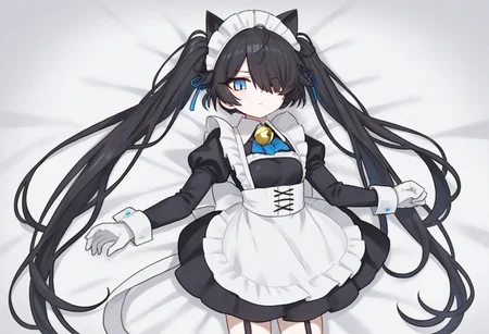 (Maid-kasli), solo, white gloves, dress, hair over one eye, maid apron, blue eyes, twintails, cat ears, maid headdress, maid, gloves, 1girl, apron, juliet sleeves, long sleeves, long hair, black hair, animal ears, bell,(Fall down),