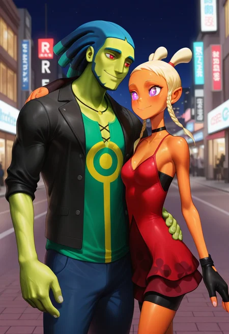 masterpiece, best quality, amazing quality, 3d, couple, duo, colored skin, hetero, looking at partner, smile, (1boy, Zuke, black jacket, green undershirt, neckless, dreadlocks, blue hair, red eyes, greem skin, single glove, blue pants, ) BREAK (1girl, Blonde hair, three pigtails, short hair, orange skin, purple eyes, flower pupils, choker, red dress, black shorts, single fingerless glove,) outdoors, city, night, city lights,