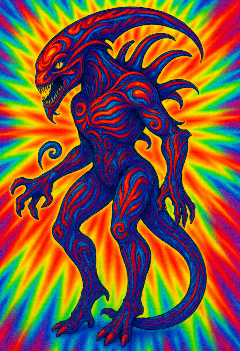 <lora:Tie_Dye_Style_FLUX-000015:1>
This is a vibrant, psychedelic digital drawing of a xenomorph rendered in a swirling pattern reminiscent of tie-dye artwork.