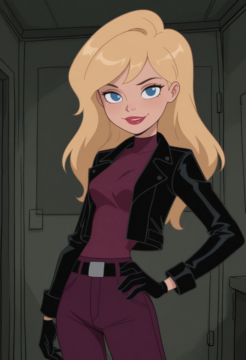 masterpiece, best quality, amazing quality, very aesthetic, absurdres, newest, 1girl, solo, indoors, looking at viewer, RS2SDXL, Human Female, Blue Eyes, Blonde Hair, Long Hair, Lips, Red Lips, Lips, Red Lips, Blue Eyes, Black Jacket, Purple Undershirt, Turtleneck, Black Gloves, Black Belt, Purple Pants, cowboy shot, hand on hip, smile