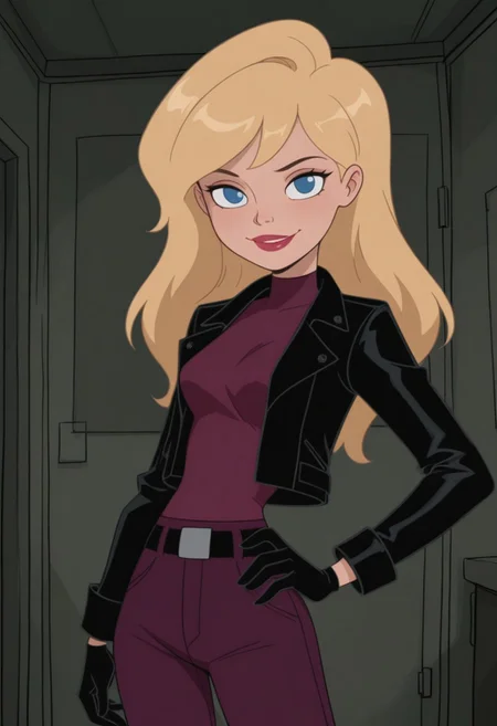 masterpiece, best quality, amazing quality, very aesthetic, absurdres, newest, 1girl, solo, indoors, looking at viewer, RS2SDXL, Human Female, Blue Eyes, Blonde Hair, Long Hair, Lips, Red Lips, Lips, Red Lips, Blue Eyes, Black Jacket, Purple Undershirt, Turtleneck, Black Gloves, Black Belt, Purple Pants, cowboy shot, hand on hip, smile