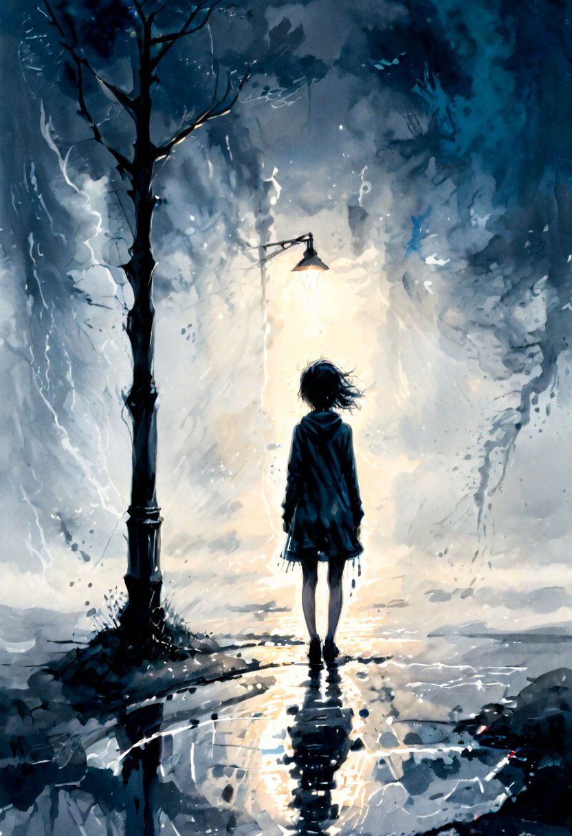 linquivera, liiv1, (anime:0.3), inkpunk, art by alexeyegorov inked, girl waiting, bleak, ink splashes, ink spots, ink smears, evoking loneliness and solitude, bold strokes, ink illustration, torrential thunderstorm, very windy, night, very dark, water splashing, water spraying, vision obscured, gray and black and dark blue tones, with a small touch of rgb colors,   desolate, lamppost, puddles, distant headlights liiv1