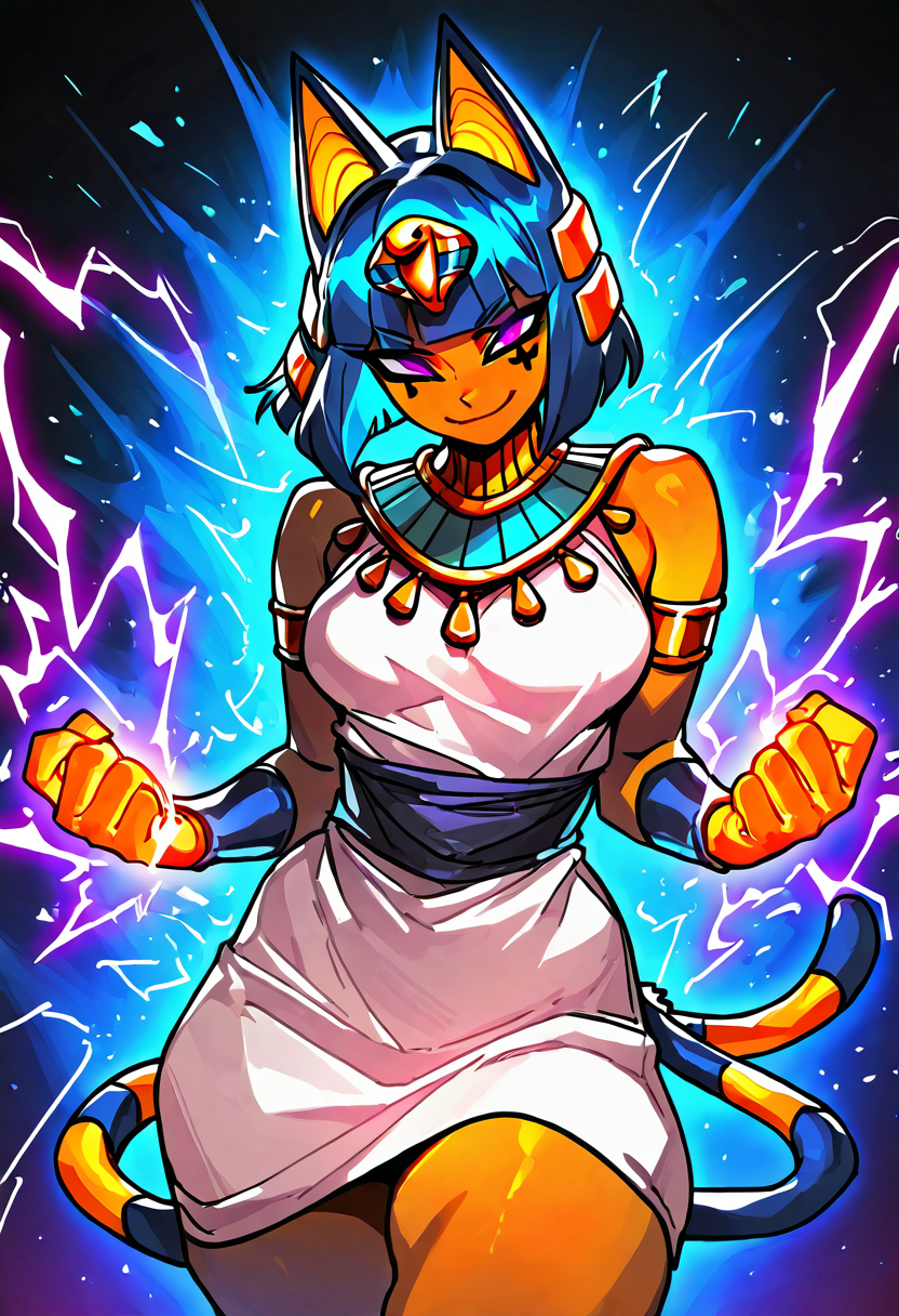 masterpiece, best quality, medium breasts, (curvy),   BREAK,  zzAnkha, animal crossing, animal ears, armlet, bare shoulders, belt, blonde hair, blue hair, blunt bangs, blunt ends, bob cut, cat ears, cat girl, cat tail, cropped, daniel deng, dark skin, dress, eye of horus, eyelashes, eyes visible through hair, facial tattoo, humanization, purple eyes, shiny skin, short hair, slit pupils, tattoo, usekh collar, white dress, <lora:AnkhaNAI:1.0>,smile, looking at viewer, cowboy shot,  aura, energy, electricity, dynamic pose, foreshortening,  <lora:EnergyCAT_NAI:0.8>,