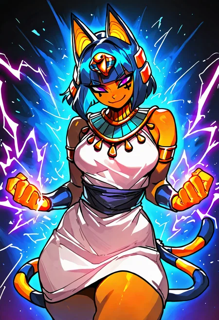 masterpiece, best quality, medium breasts, (curvy), BREAK, zzAnkha, animal crossing, animal ears, armlet, bare shoulders, belt, blonde hair, blue hair, blunt bangs, blunt ends, bob cut, cat ears, cat girl, cat tail, cropped, daniel deng, dark skin, dress, eye of horus, eyelashes, eyes visible through hair, facial tattoo, humanization, purple eyes, shiny skin, short hair, slit pupils, tattoo, usekh collar, white dress, <lora:AnkhaNAI:1.0>,smile, looking at viewer, cowboy shot, aura, energy, electricity, dynamic pose, foreshortening, <lora:EnergyCAT_NAI:0.8>,