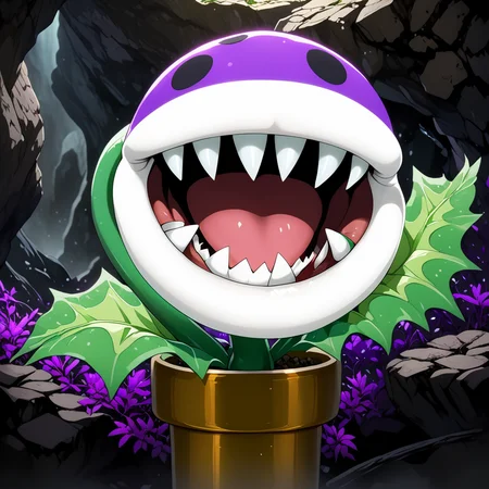 PiranhaPlantXL, purple plant, black spots, fangs, underground cave <lora:PiranhaPlantXL:1>, (anime, masterpiece, intricate:1.3), (best quality, hires textures, high detail:1.2), (4k),(incredibly detailed:1.4),UHD, 8K, ultra detailed