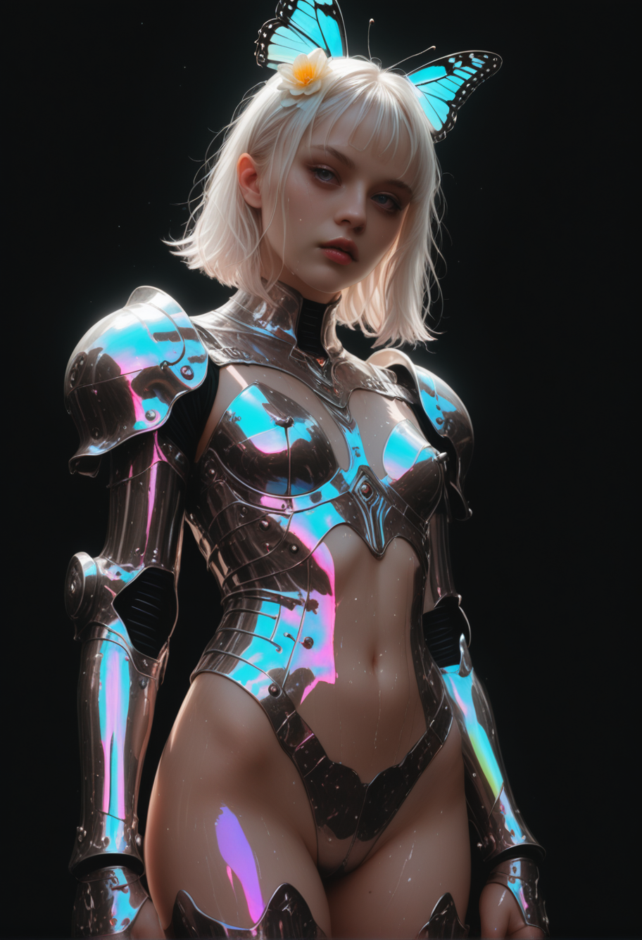 luna rae lily, lilyrae, forced perspective, (iridescent_holographic:0.5), uwu style, reflective, iridescent knight, see-through, (holographic armor), surrealism, luna_valentine, falling, chromatic metallic, female, transparent, takin in the 90s, analog film, kodak snapshot, photography, 100mp, filmic, proportional facial features, imperfect skin, film grain, screen grab, technicolor, digital cinema, overprint, sharp focus, solo, albino, high quality, realistic, black background, reaching forward, leaning forward, pastel, extended, scanlines, 80s dark fantasy, Smo0thL1nes, very pretty, in the style of uwu ethots, color splash, emerging from the depths, liquid, fluid, devil horns, devil girl, reflective

holographic colors, cute, gradient colors, dark background,volumetric lighting,1girl, masterpiece, highly detailed,beautiful eyes, big eyes, detailed eyes, detailed pupils, perfect body, Automaton, colored skin, robot girl, (white_skin), joints, white hair, blue eyes, glowing blue eyes, metal_skin, metal_skin, dynamic pose, body writing,tattoo, barcode, geometric, limited color, flat_color, purple and blue tones, looking at viewer, beautifully background, light particles, {cinematic lighting}, cracked screen, transparent color PVC clothing, transparent color vinyl, on face, ultra-detailed, extremely delicate and beautiful, glitch art, Double exposure, high heels, Chromatic Aberration, Light leaks, Noise and grain, Color degradation, Glitch lettering, design, art, abstract art, geometry, clear lines, squares, bright, limited palette, chahua, leaf, yellow flower, butterfly, white flower, yellow butterfly, bangs, pastel color,minute details, colorful, pixel line pixel pattern super pixel, masterpiece,best quality,amazing quality, Dynamic pose