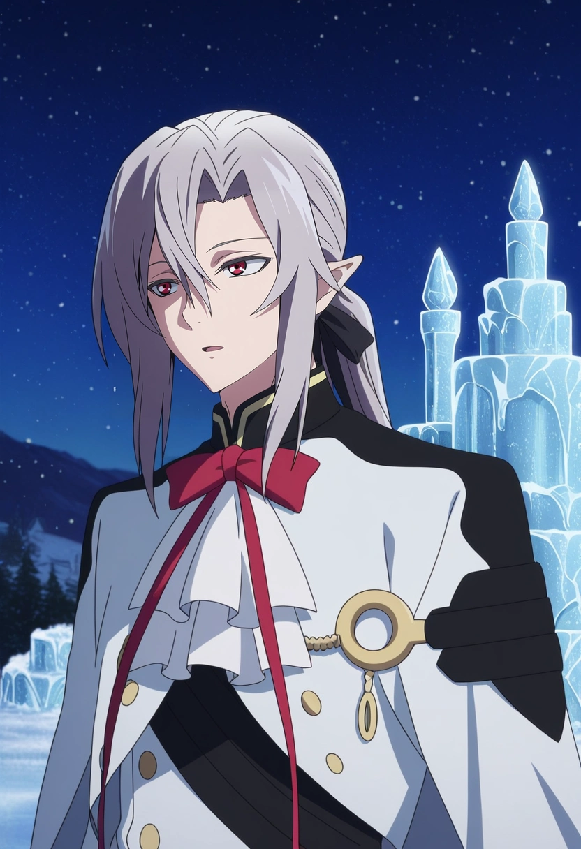 masterpiece, best quality, , anime screencap, anime coloring, ,, 1boy, solo, male focus, <lora:ferid_bathory_ilxl:0.98>, ferid_bathory, grey hair, red eyes, long hair, hair between eyes, pointy ears, ponytail, white jacket, red bowtie, ascot, snow castle, ice sculptures, frozen fountain, northern lights, admiring pose, awestruck expression, night,
