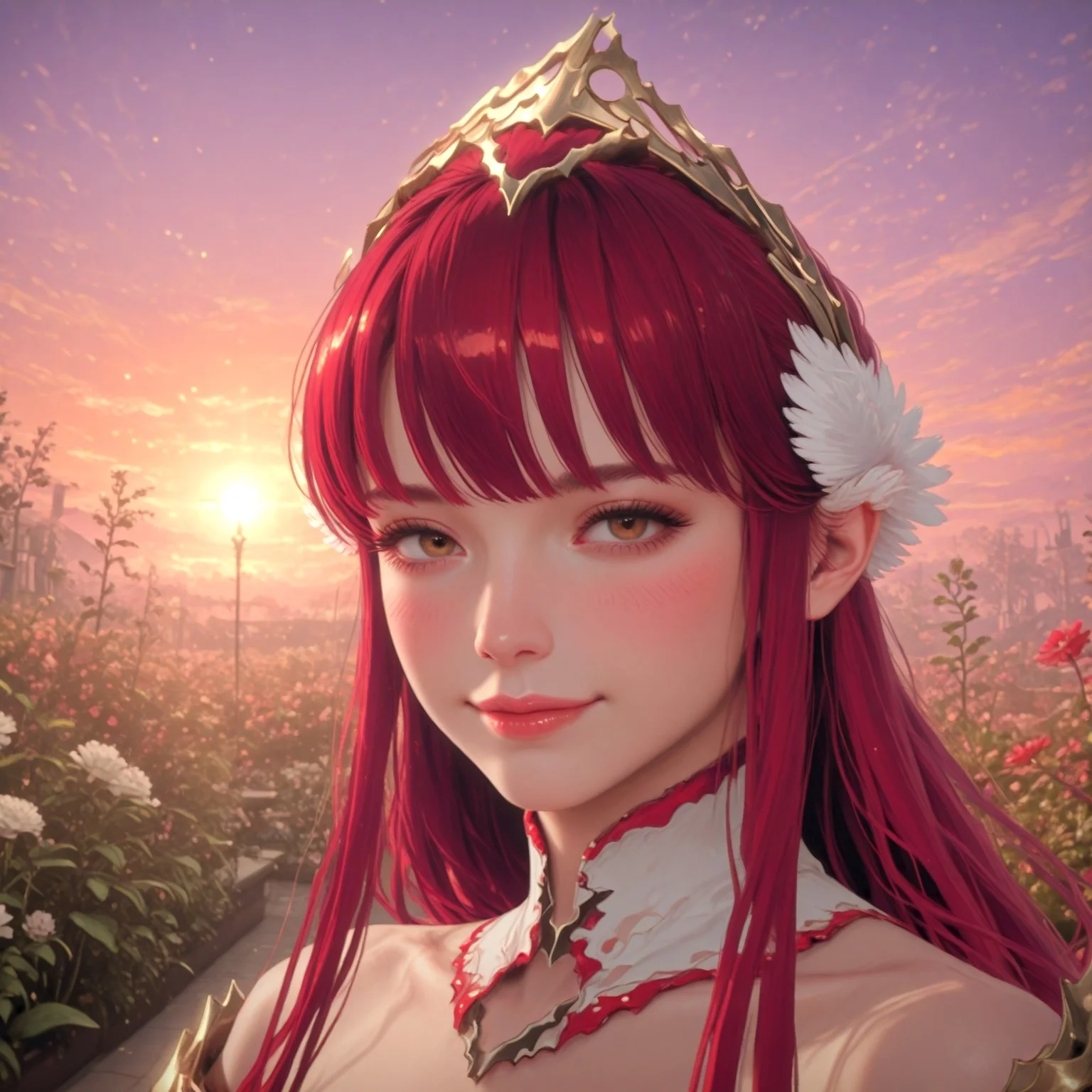 1girl, solo, realistic, realistic lighting, realistic coloring, (blush, sexy, smile), Sinkou, angel, tiara, long hair, red hair, portrait, (close-up, face only)
BREAK, Garden, sunset, orange sky, purple sky