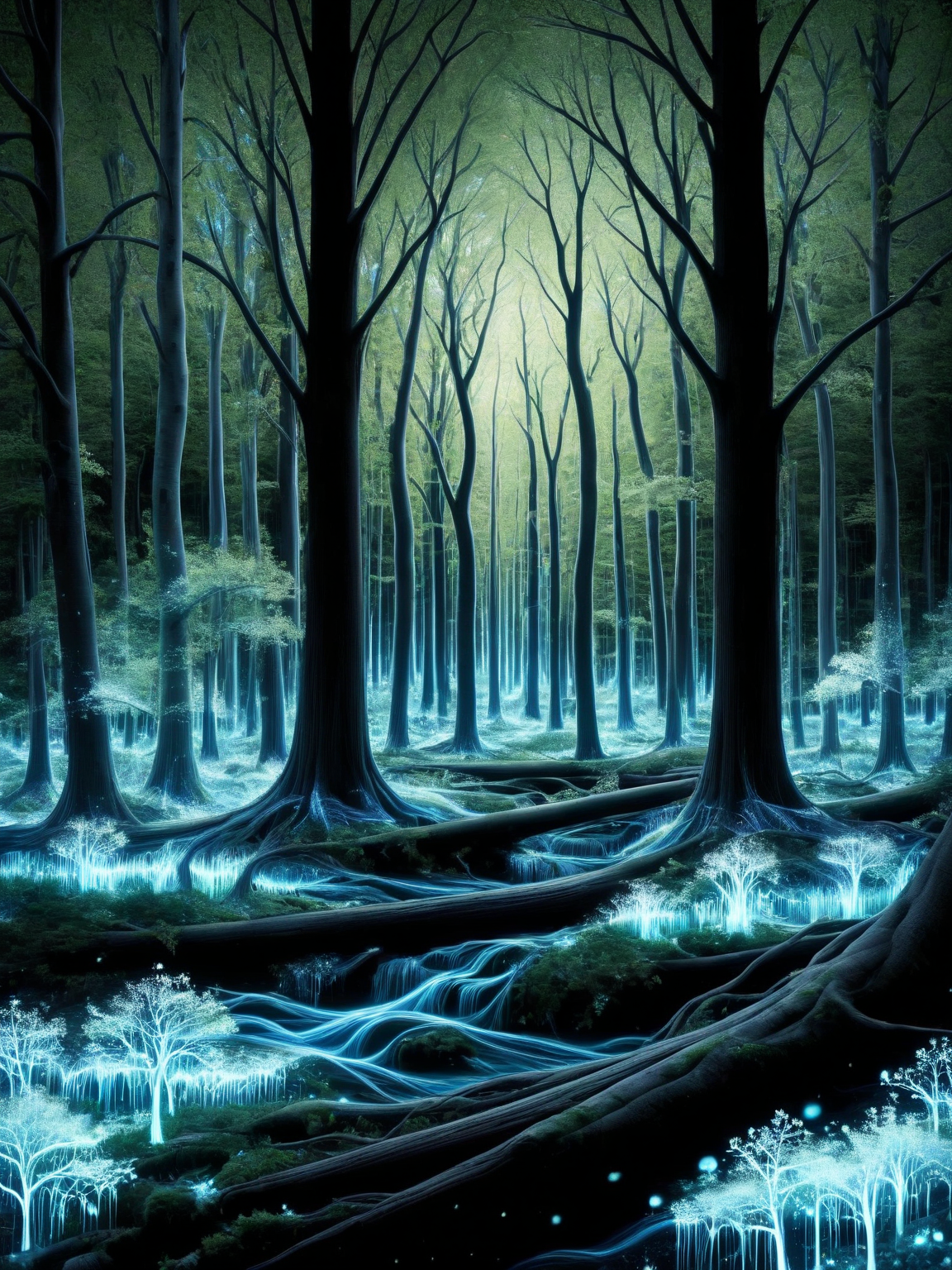 A surreal landscape where trees have ais-blmn leaves that pulse and shift like an aurora. <lora:ais-blmn-sdxl:1>