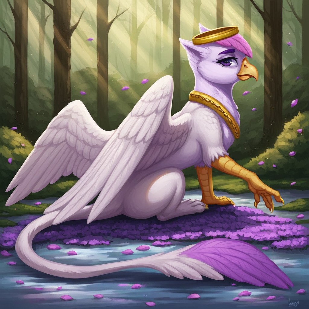 masterpiece, score_9_up, score_8_up, score_7_up, score_6_up, surace_furry, (best quality:1.1), ultra-detailed, high resolution, solo, Taillow Sumpfkiel, countess, griffon, avian, feral, female, ((beautiful detailed purple eyes)), long eyelashes, purple eyebrows, yelow beak, wings, tail, white feathers, feathery ears, (pink hair), yellow claws, anatomically correct, crepuscular rays, seductive look, sensual, modest gold crown, full body BREAK forest, nature, day, petals, reflection, sitting, detailed facial features, expressiveh, highly visible, sharp focus, detailed background