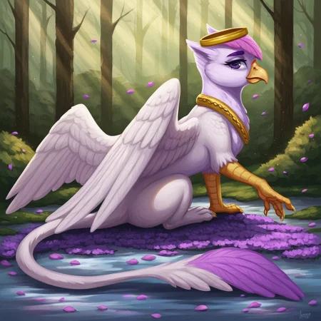 masterpiece, score_9_up, score_8_up, score_7_up, score_6_up, surace_furry, (best quality:1.1), ultra-detailed, high resolution, solo, Taillow Sumpfkiel, countess, griffon, avian, feral, female, ((beautiful detailed purple eyes)), long eyelashes, purple eyebrows, yelow beak, wings, tail, white feathers, feathery ears, (pink hair), yellow claws, anatomically correct, crepuscular rays, seductive look, sensual, modest gold crown, full body BREAK forest, nature, day, petals, reflection, sitting, detailed facial features, expressiveh, highly visible, sharp focus, detailed background