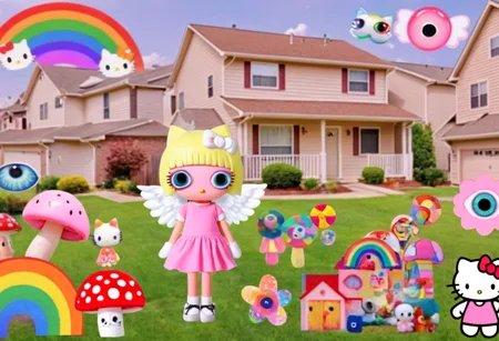a collage image filled with y2k symbols, featuring a cartoon girl standing on a lawn surrounded by toys and typical suburban houses. Include eye-catching elements such as Hello Kitty, rainbows, red mushrooms with eyes, and angel-winged eyes, capturing the y2k nostalgia and weirdcore aesthetics <lora:y2kmadmix_v0.0.1:1>