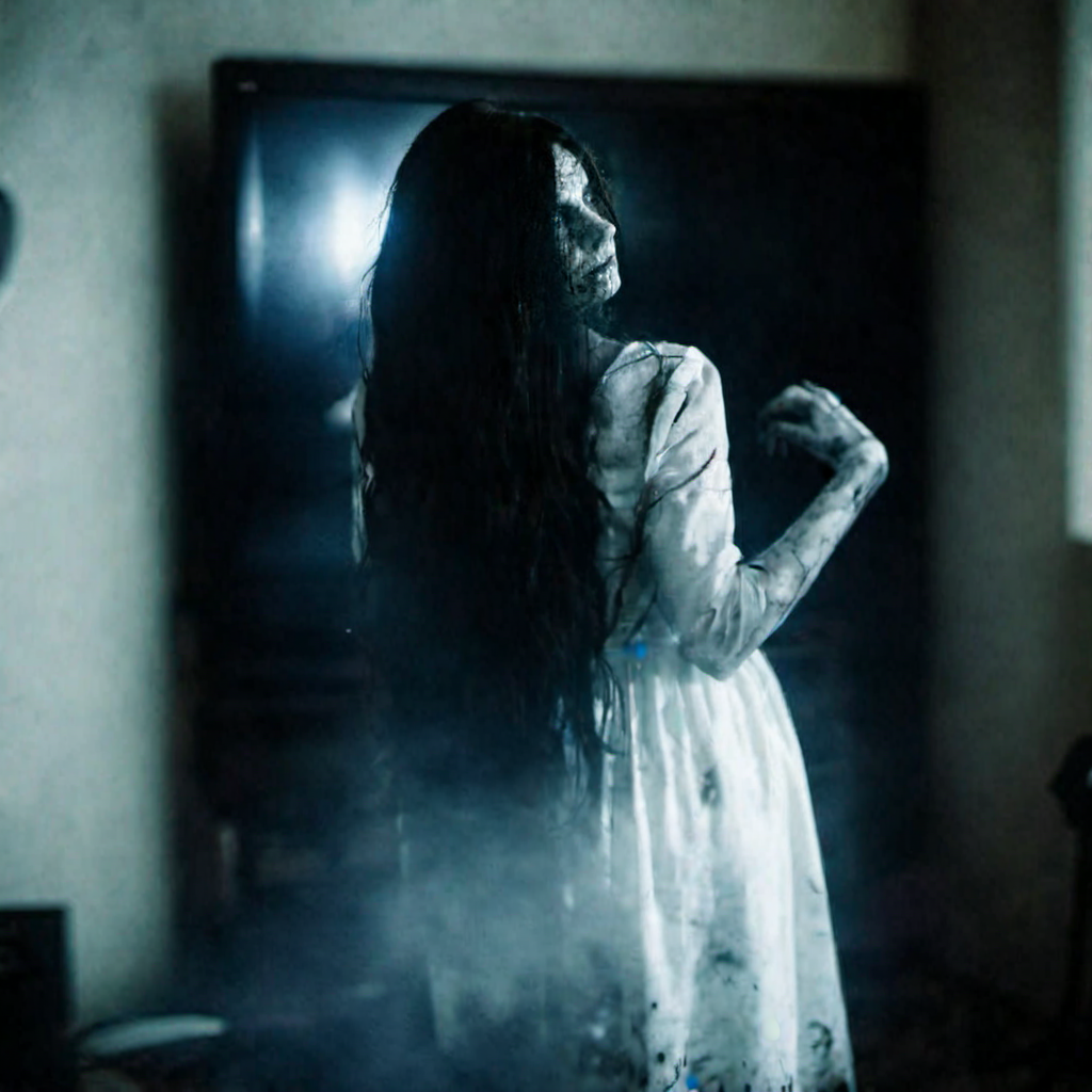 cinematic photo  a creepy woman wears a dirty white dress, face hidden by hair, in front of a lcd tv, stylish appartment <lora:lcm_lora_sdxl:1> <lora:TheRing1024:0.85> . 35mm photograph, film, bokeh, professional, 4k, highly detailed