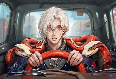 power crashes kobeni's car (meme), car interior, holding, steering wheel, look at viewer, crying with wide eyes open, nervous sweating, from front,A man with a snake on his shoulders trying to escape, car,in a car, , human:1.2, (sn4k3, snake, snake on shoulders, upper body, FntsyPstlCE style), front_view, scaleless snake:1.6, white coloured snake:1.2, red eyes on snake, a giant wheel of fortune background:1.2, wheel with chances of getting hit written in it:1.2, wheel:1.5, city background