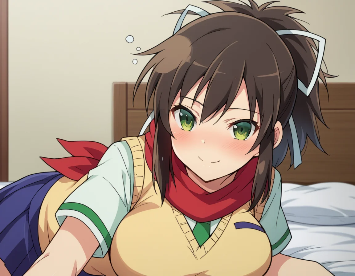 score_9, score_8_up, score_7_up, source_anime,
skasuka, <lora:sk-asuka-ponyxl-lora-nochekaiser:1>
asuka, brown hair, green eyes, ribbon, hair ribbon, ponytail, smile, large breasts,
skirt, school uniform, necktie, scarf, short sleeves, sweater, sweater vest,
indoors, bed, bed room, on side, blush, drunk,
looking at viewer, dutch angle, cowboy shot