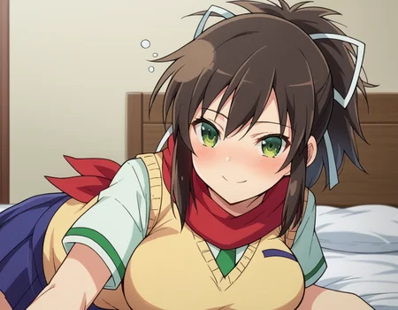 score_9, score_8_up, score_7_up, source_anime,
skasuka, <lora:sk-asuka-ponyxl-lora-nochekaiser:1>
asuka, brown hair, green eyes, ribbon, hair ribbon, ponytail, smile, large breasts,
skirt, school uniform, necktie, scarf, short sleeves, sweater, sweater vest,
indoors, bed, bed room, on side, blush, drunk,
looking at viewer, dutch angle, cowboy shot