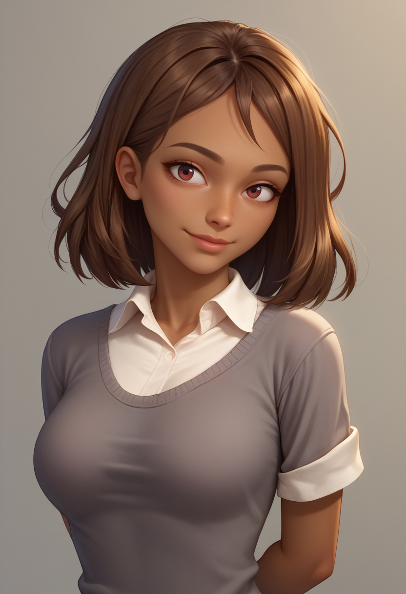 score_9, score_8_up, score_7_up, BREAK 1girl, solo,  <lora:courtneytd-guy-PONYv2:1>, courtneytd, dark skin, collared shirt, grey sweater, short sleeves, portrait, arms behind back, light smile, head tilt, breasts, simple background, upper body,