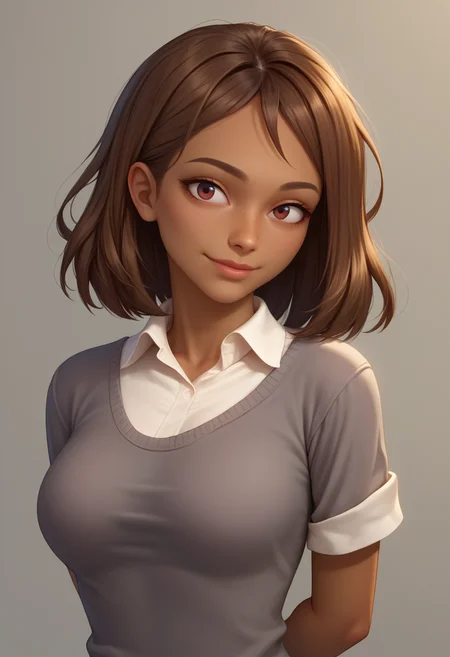 score_9, score_8_up, score_7_up, BREAK 1girl, solo, <lora:courtneytd-guy-PONYv2:1>, courtneytd, dark skin, collared shirt, grey sweater, short sleeves, portrait, arms behind back, light smile, head tilt, breasts, simple background, upper body,