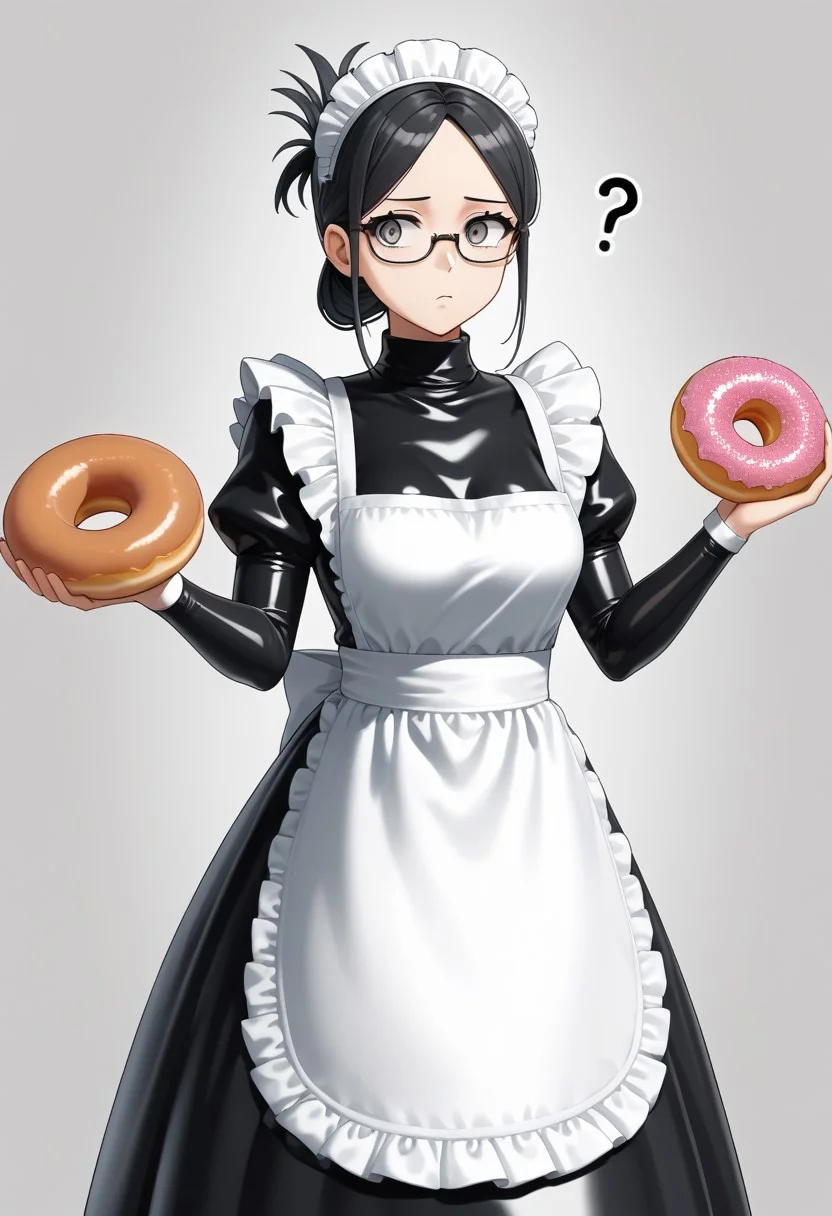 lazyup7, source_anime, d0nu71f13d, maid, long dress, latex dress, turtleneck, maid headdress, white apron, black hair, folded ponytail, parted bangs, gray eyes, glasses, holding a large donut, confused, ?