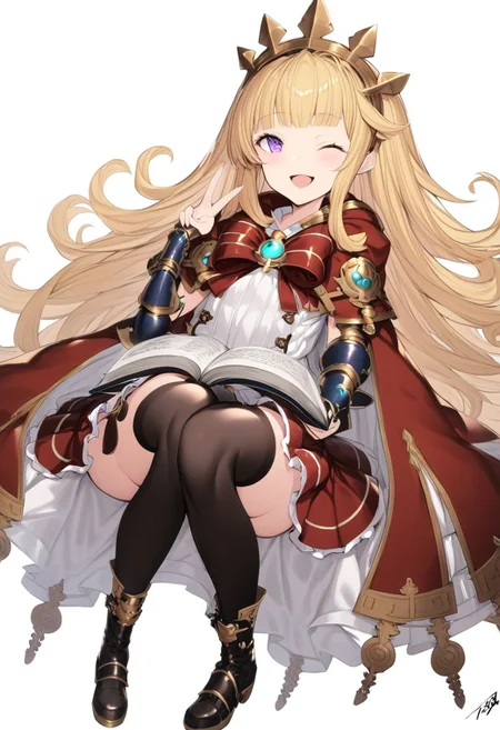 masterpiece, best quality, ultra-detailed, beautiful, nai3, 1girl, solo, full_body, tachi-e, 
cagliostro \(granblue fantasy\), 1girl, ;d, arm guards, black footwear, black thighhighs, blonde hair, blunt bangs, blush, book, boots, bracelet, cape, full body, glowing, heart, holding, holding book, jewelry, knee boots, knees together feet apart, liquid, long hair, looking at viewer, one eye closed, open book, open mouth, purple eyes, red ribbon, red skirt, ribbon, signature, simple background, skirt, smile, solo, test tube, thighhighs, v, very long hair, white background