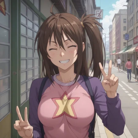 <lora:SlimesUzume:1>, score_9, score_8_up, score_7_up, slimes_uzume, woman, solo, peace handsign, winking, brown hair, street background