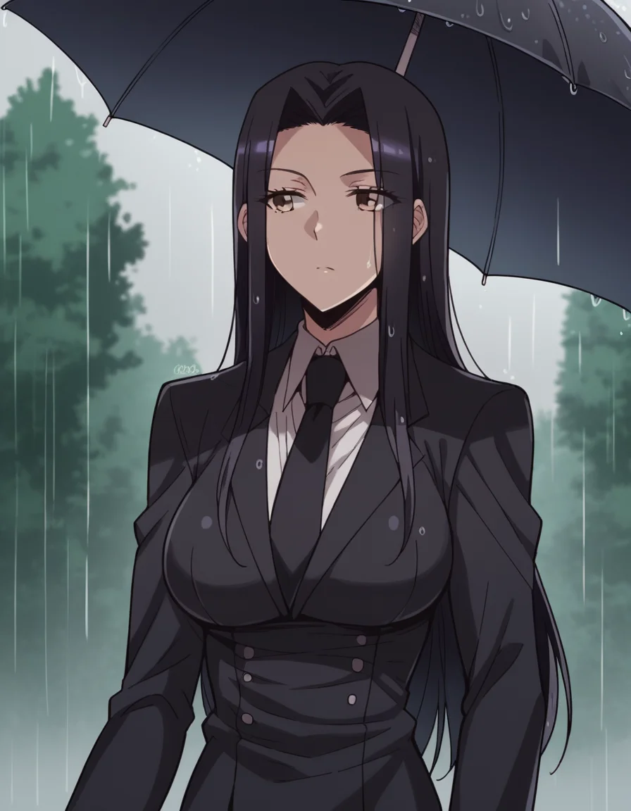 score_9, score_8_up, score_7_up, source_anime, <lora:kuroko-smith-s1-ponyxl-lora-nochekaiser:1>, kuroko smith, long hair, black hair, parted bangs, brown eyes, large breasts,, shirt, necktie, formal, suit, black necktie,, rainy day, umbrella, walking home, puddles, wet hair, , , v,, solo,, dutch angle,