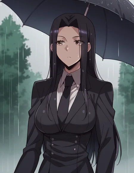 score_9, score_8_up, score_7_up, source_anime, <lora:kuroko-smith-s1-ponyxl-lora-nochekaiser:1>, kuroko smith, long hair, black hair, parted bangs, brown eyes, large breasts,, shirt, necktie, formal, suit, black necktie,, rainy day, umbrella, walking home, puddles, wet hair, , , v,, solo,, dutch angle,
