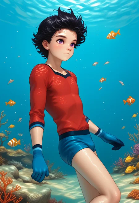 Underwater, fish, bubbles, 1boy, solo, cute boy, floating underwater, fully submerged, Aqualad, Black Hair, Purple eyes, red shirt, blue gloves, blue speedo, blue shorts,