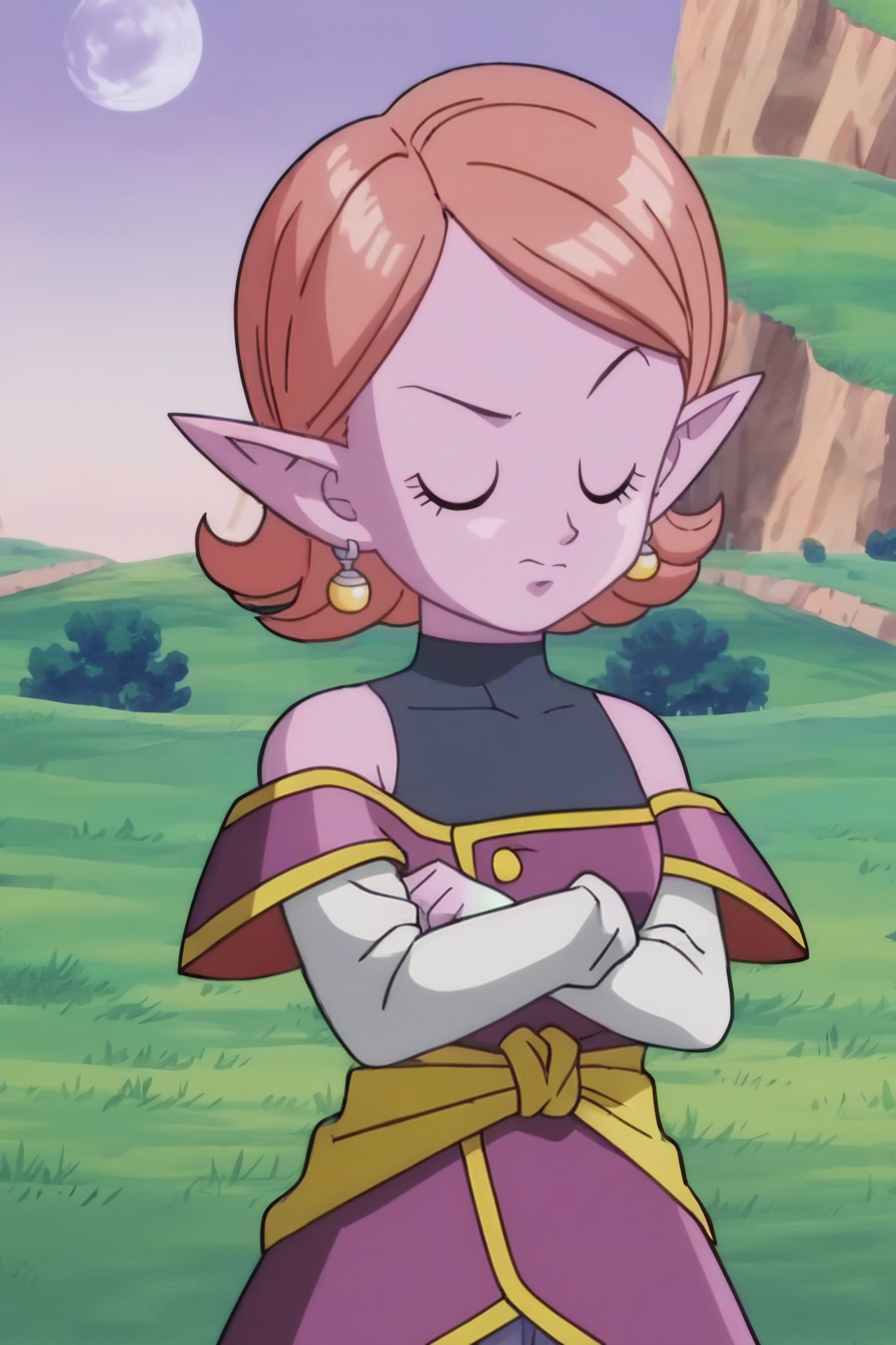 source_anime, score_9, score_8_up, score_7_up, anime screencap,8k, absurdres, 
chronoa, 1girl, solo, short hair, gloves, bare shoulders, potara earrings, closed eyes, outdoors, pointy ears, white gloves, colored skin, raised eyebrow, crossed arms, moon, grass, purple skin, yellow sash, white sleeves, standing, small breasts, sleeveless turtleneck leotard, Sacred World of the Kai, purple tunic, orange hair, off shoulder, kai tunic, detached sleeves, collarbone, blue pants, blue leotard, cowboy shot, official style, 
 <lora:chronoa_pony_v1:0.8>