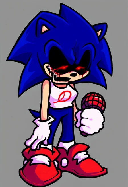 1girl, solo, score_9, score_8_up, score_7_up, score_6_up, volumetric lighting, NEGATIVE_HANDS, fnf, Luis_EXE, gloves, 1boy, animal ears, blue hair, shoes, socks, white gloves, white socks, spiked hair, red footwear, furry, furry male, body fur, white fur, animal nose, two-tone fur, blue fur, sonic the hedgehog, dark, menacing appearance, gleowing red eyes exaggerated, creepy elements features, ((hold microphone)), grey background, ((full body)), white long socks, white shoes, ((solo)), white crop top