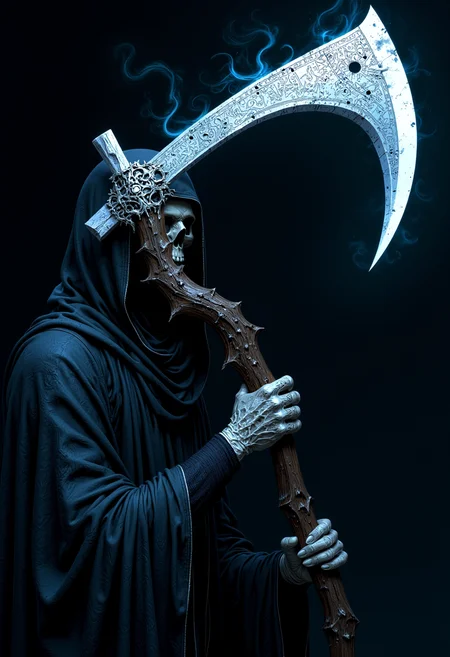 "A close-up of the Grim Reaperâs scythe, its long, curved blade gleaming under the cold light of the moon. The blade is engraved with ancient, unreadable runes that glow faintly in the night, and the wooden handle is weathered and cracked from centuries of use. Around the blade, the air shimmers with a faint mist, and a cold wind seems to swirl in the background, revealing the edges of the Reaperâs dark cloak. The colors are metallic silvers, cold blues, and deep blacks, with a haunting, ethereal quality, like a ghostly apparition in the dark." <lora:FluxMythV2-000009:0.8>